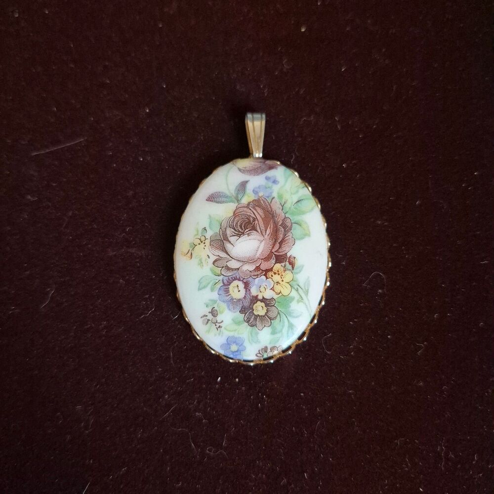Vintage Victorian Hand Painted Porcelain China Pendant Pink Yellow Blue Roses